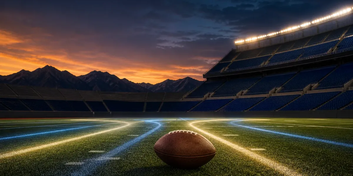 Original editorial illustration of an empty football stadium with one ball and converging field-light paths.