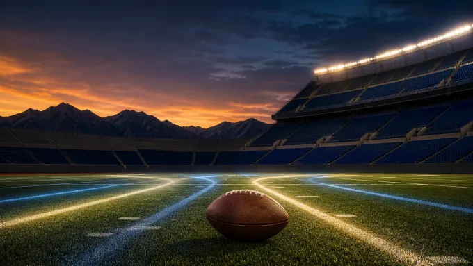 Original editorial illustration of an empty football stadium with one ball and converging field-light paths.
