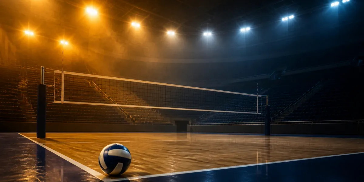 Original editorial illustration of one volleyball on an empty indoor court shifting from amber to navy light.