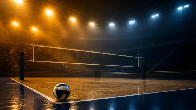 Original editorial illustration of one volleyball on an empty indoor court shifting from amber to navy light.