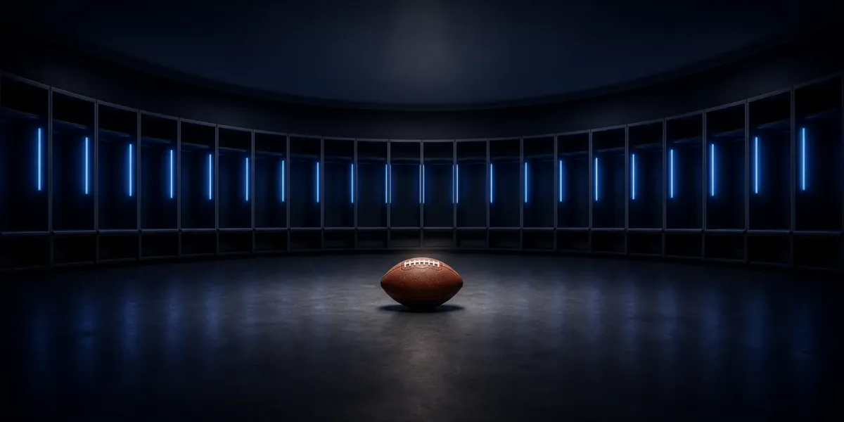 Original editorial illustration of one football centered inside an empty navy locker room ringed by twenty blue-lit lockers.