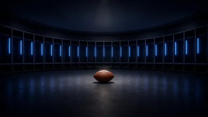 Original editorial illustration of one football centered inside an empty navy locker room ringed by twenty blue-lit lockers.
