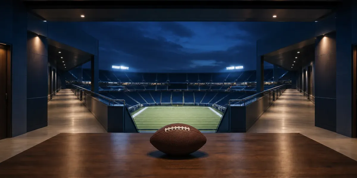 Original editorial illustration of one football on a table between two empty stadium corridors branching toward the same field.