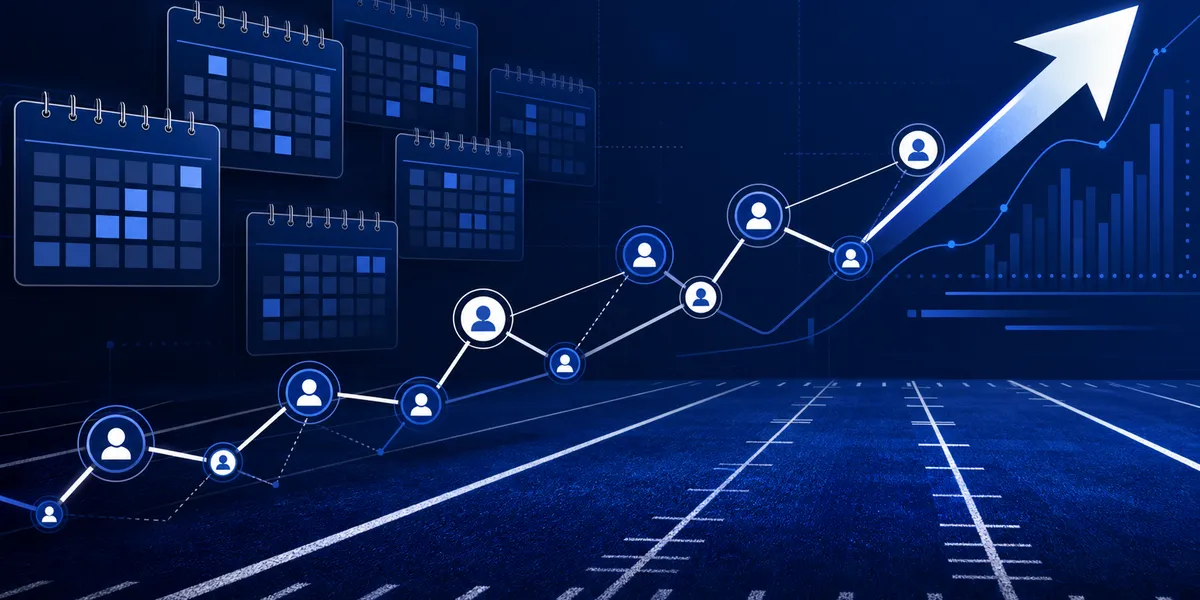 Abstract navy and royal football data grid showing roster continuity and an upward trend, created for BYU Sport Nuts.