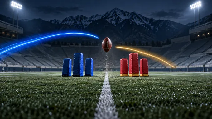 Original football art with one ball between three BYU-blue pads and three Iowa State cardinal-and-gold pads in an empty mountain stadium.