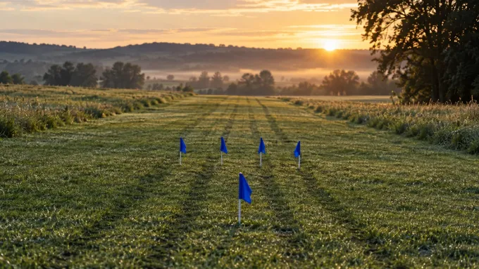 Original editorial image of an empty cross-country course with five blank royal-blue flags arranged as a compact scoring pack.