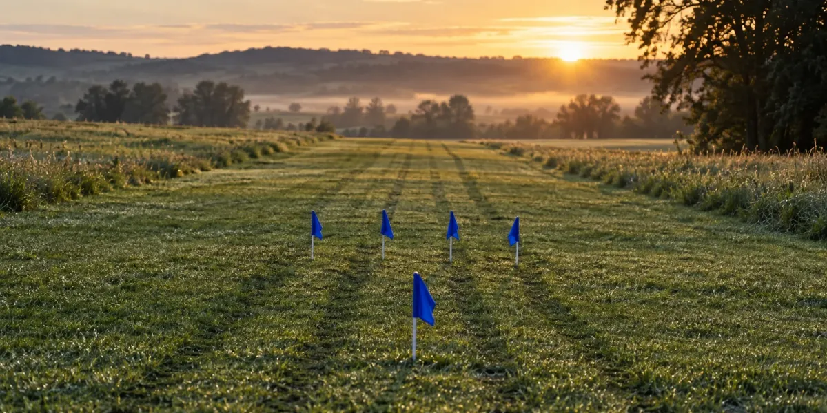 Original editorial image of an empty cross-country course with five blank royal-blue flags arranged as a compact scoring pack.