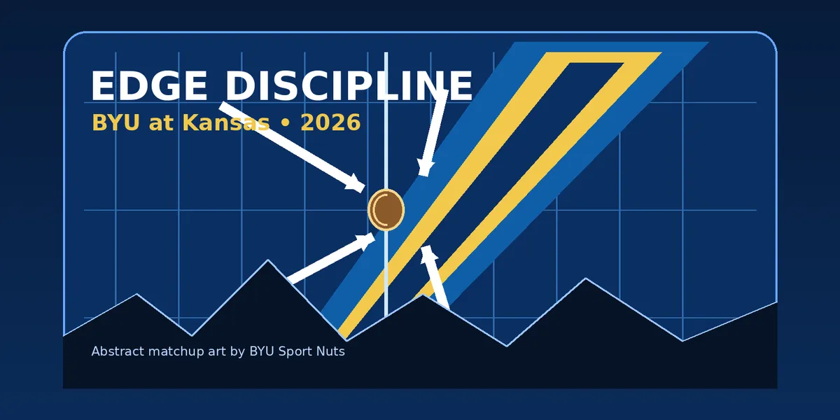 Abstract navy and royal football field diagram showing BYU edge defenders squeezing a Kansas speed lane, created for BYU Sport Nuts.
