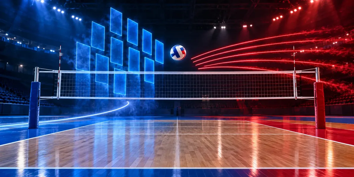 Original editorial image of one volleyball above an empty court split between a blue block wall and crimson service trails.