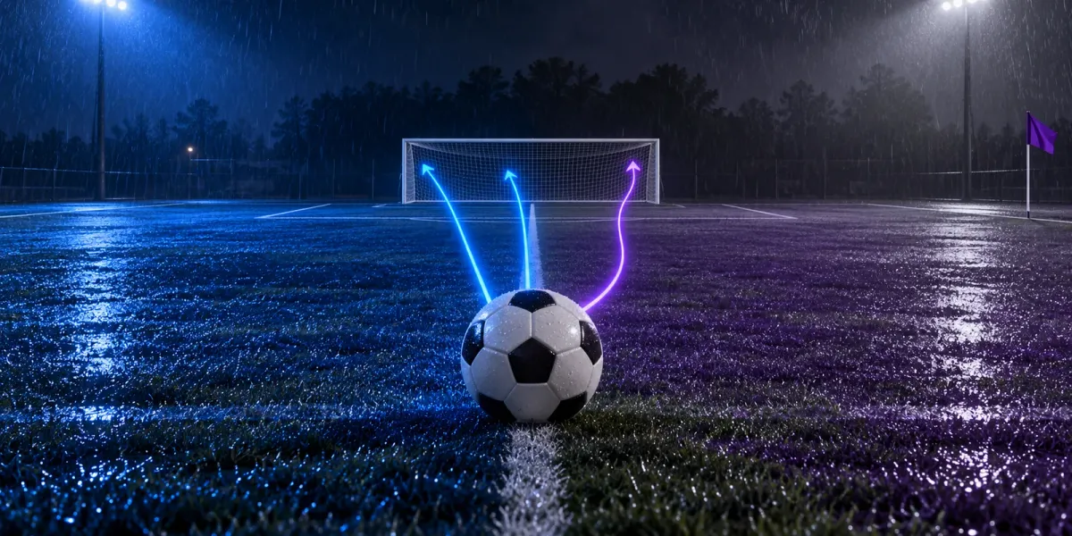Original editorial image of one soccer ball on an empty field split between two blue comeback paths and one purple corner arc.