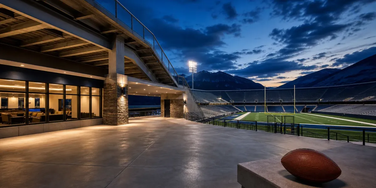 Original editorial illustration of an empty mountain football stadium with a finished concourse lounge and one football at blue hour.