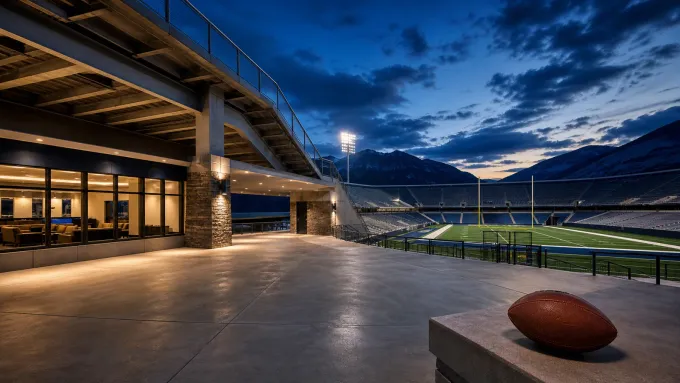 Original editorial illustration of an empty mountain football stadium with a finished concourse lounge and one football at blue hour.