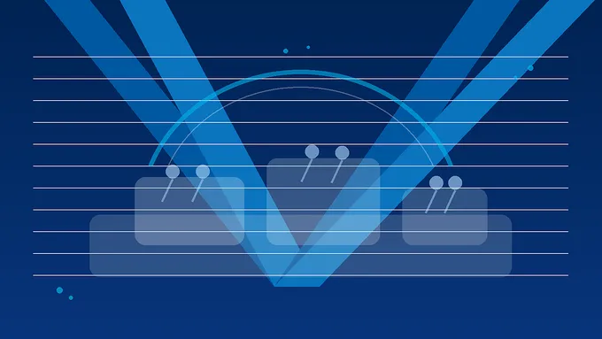 Abstract navy and royal media-days football scene with podium shapes, field lines, and microphone lights, created for BYU Sport Nuts.