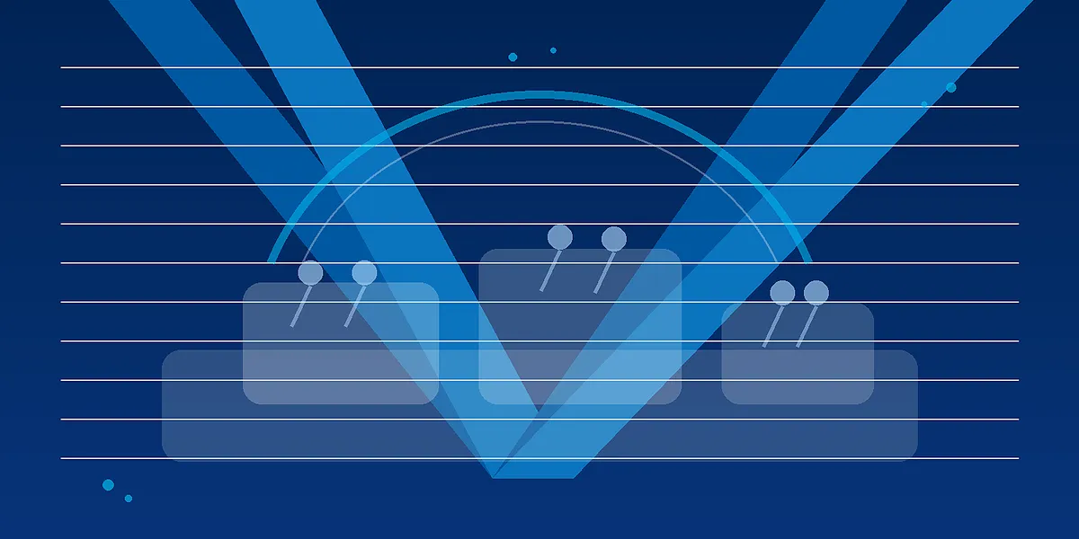 Abstract navy and royal media-days football scene with podium shapes, field lines, and microphone lights, created for BYU Sport Nuts.