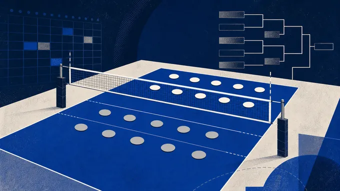 Abstract navy indoor volleyball court with roster dots, calendar grid and tournament bracket lines, created for BYU Sport Nuts.