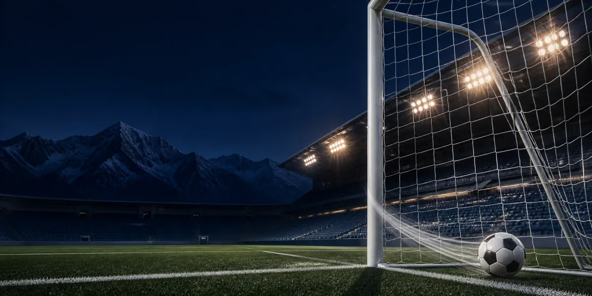 Original editorial illustration of one soccer ball inside a goal on an empty mountain-backed field at night.