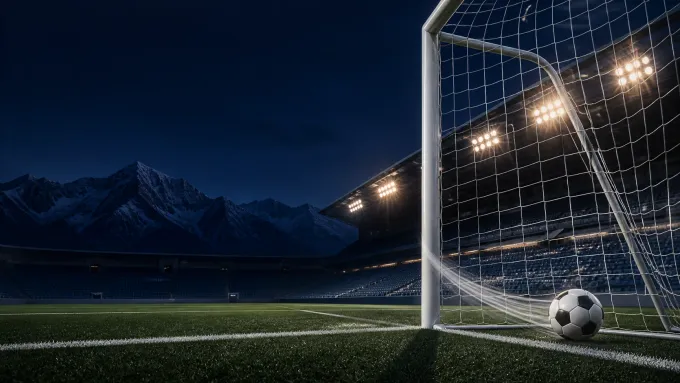 Original editorial illustration of one soccer ball inside a goal on an empty mountain-backed field at night.