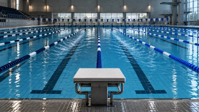 Original editorial image of an empty indoor competition pool divided into deep navy and bright royal lanes with one blank starting block.