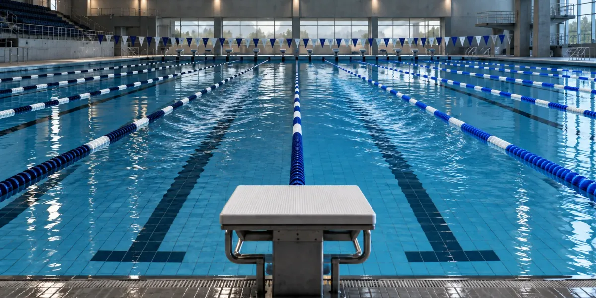 Original editorial image of an empty indoor competition pool divided into deep navy and bright royal lanes with one blank starting block.