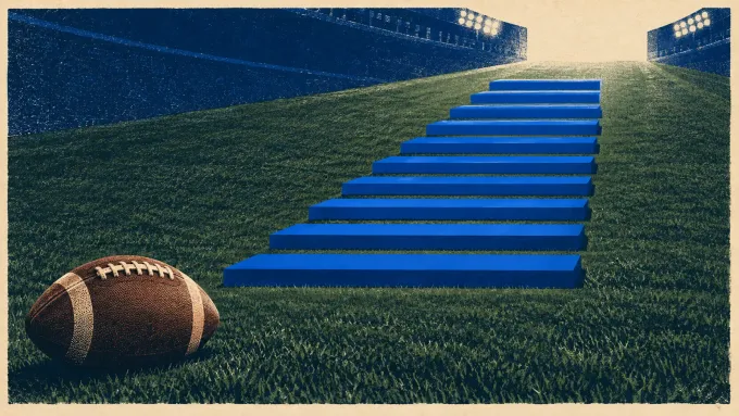 Original screenprint-style illustration of one football facing eleven ascending royal-blue field steps.