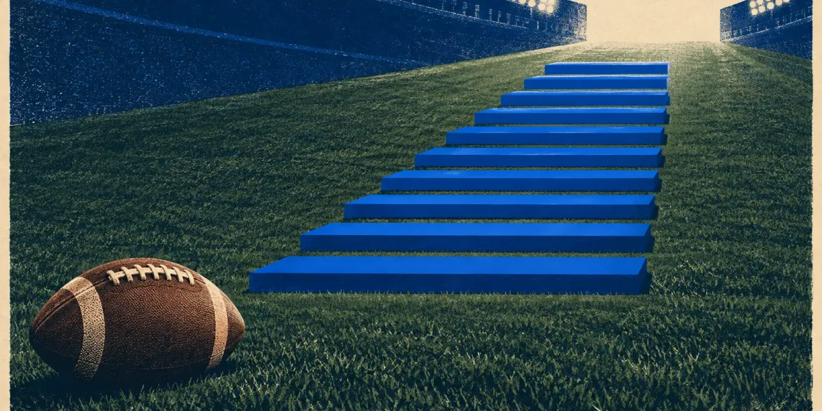 Original screenprint-style illustration of one football facing eleven ascending royal-blue field steps.