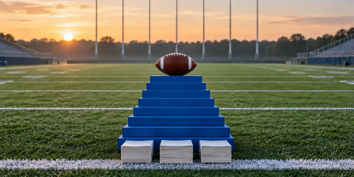Original editorial illustration of one football atop eight royal-blue field steps above three blank ballot stacks.