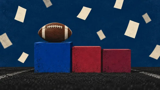 Original editorial illustration of one football balanced on a royal-blue platform barely above two red platforms as blank ballot slips fall.