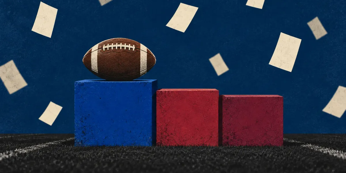 Original editorial illustration of one football balanced on a royal-blue platform barely above two red platforms as blank ballot slips fall.