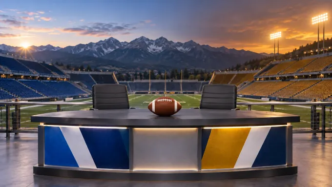 Original dawn-to-night broadcast desk art with BYU blue opposite Notre Dame gold and one football in an empty mountain stadium.