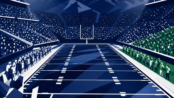 Abstract navy football stadium in the mountains with lights, yard lines, and a green visiting sideline accent, created for BYU Sport Nuts.