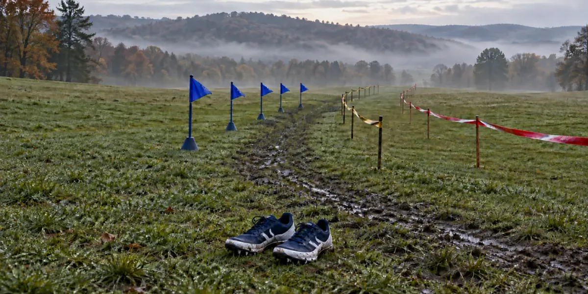 Original editorial image of five blank royal-blue course flags beside gold-and-black and cherry-and-silver lanes on an empty muddy cross-country course.