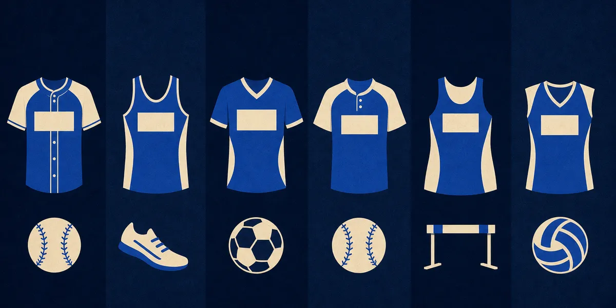 Original flat illustration of six generic navy and royal competition jerseys with blank patches above baseball, running, soccer, softball, track and volleyball symbols.