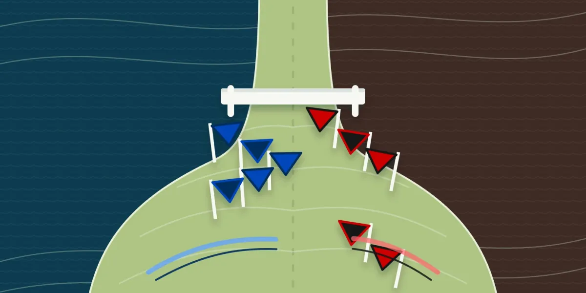 Original editorial illustration of five tightly grouped blue course pennants opposite three early and two trailing red-and-black pennants on an empty cross-country course.