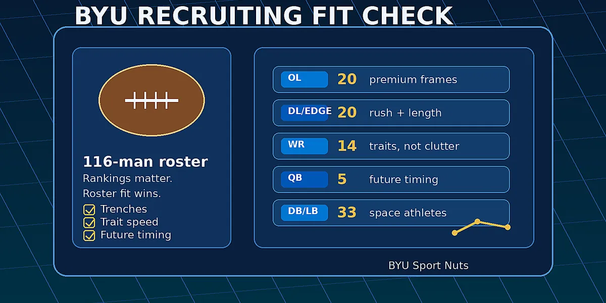 Abstract navy football recruiting board with roster lanes and rising evaluation arrows, created for BYU Sport Nuts.