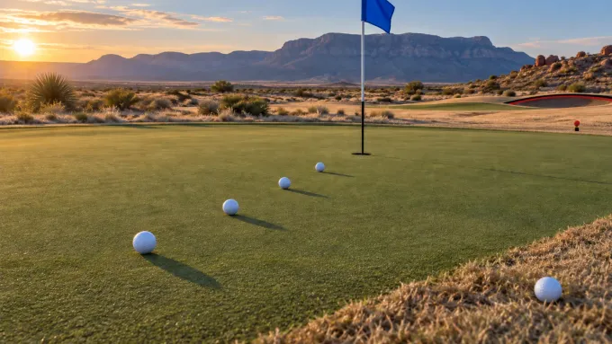 Original editorial image of four golf balls lined toward a blue flag with a fifth ball set apart in the rough.