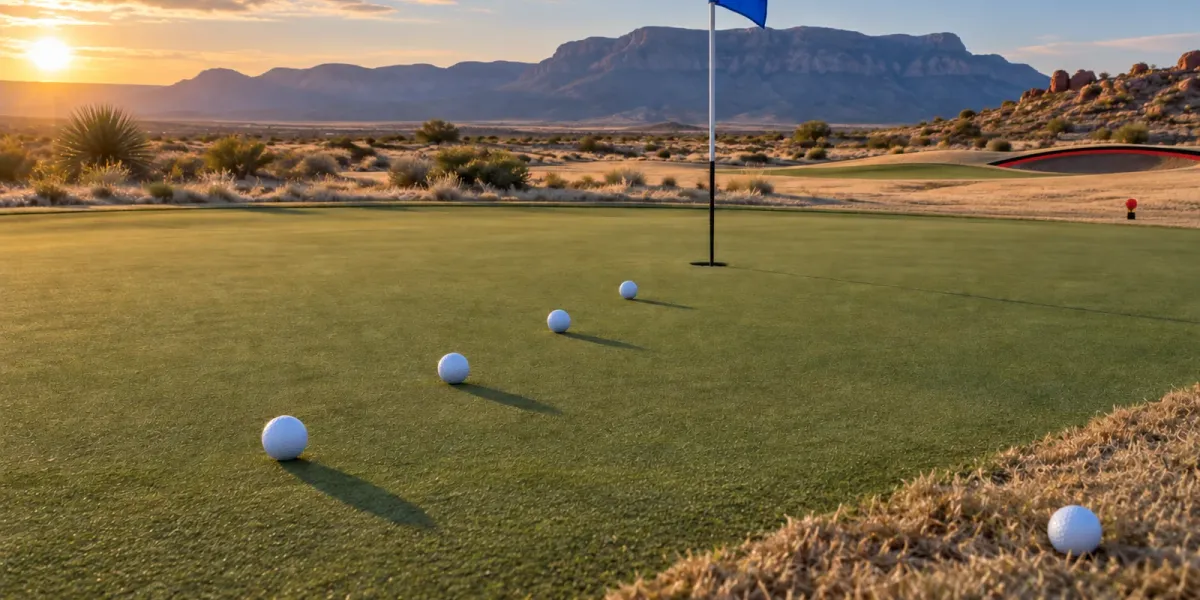 Original editorial image of four golf balls lined toward a blue flag with a fifth ball set apart in the rough.