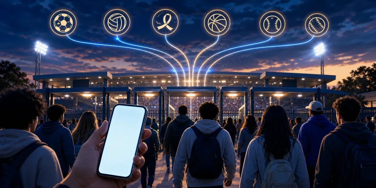 Original editorial illustration of students approaching a generic stadium with a blank digital ticket and six sports symbols overhead.