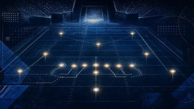 Abstract navy football field with glowing scouting markers and play-chart lines, created for BYU Sport Nuts.