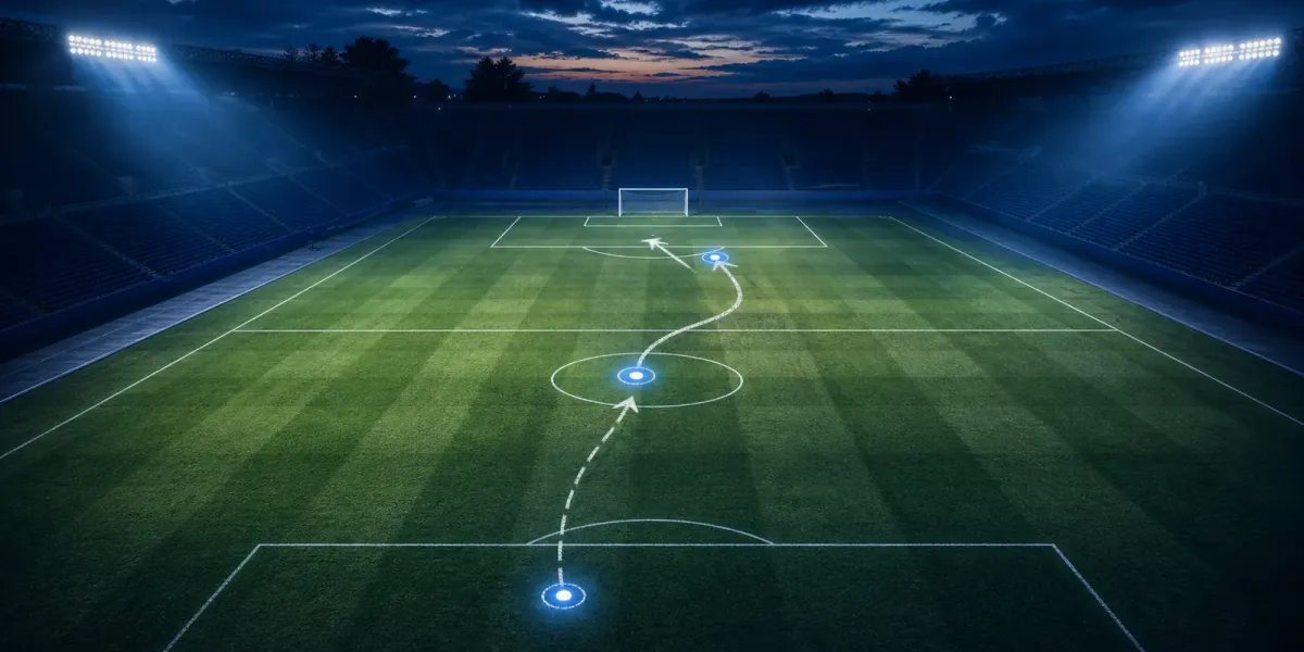 Original editorial illustration of three tactical markers connecting the defensive, midfield and attacking thirds of an empty soccer field.