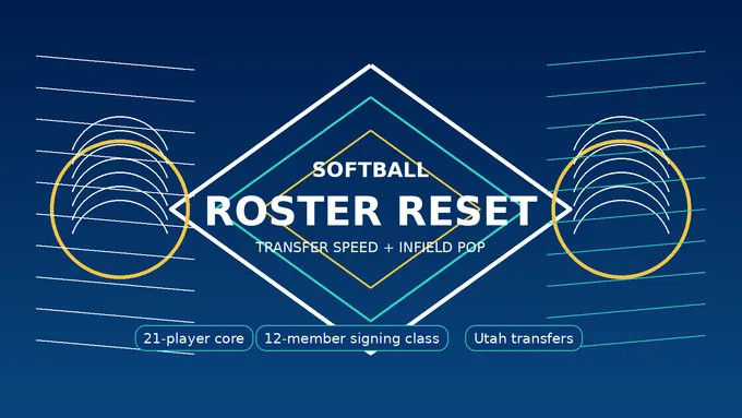 Abstract navy softball diamond with roster reset text and generic ball graphics, created for BYU Sport Nuts.