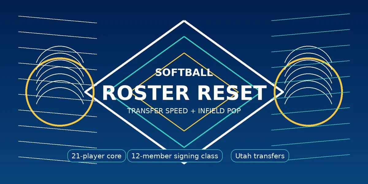 Abstract navy softball diamond with roster reset text and generic ball graphics, created for BYU Sport Nuts.