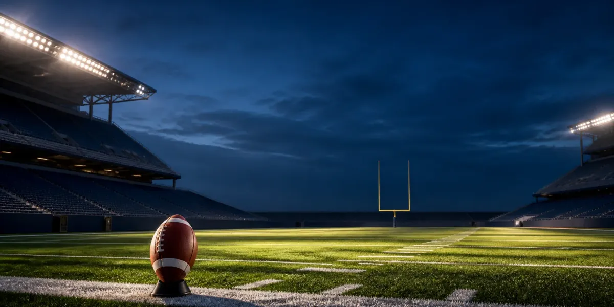 Original editorial illustration of one football on a kicking tee in an empty stadium at blue hour.
