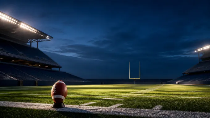 Original editorial illustration of one football on a kicking tee in an empty stadium at blue hour.