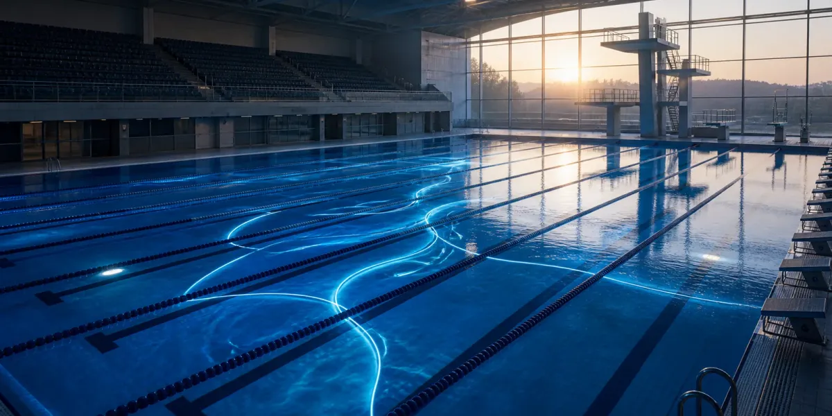 Original editorial illustration of an empty indoor competition pool with blue route-like reflections and diving platforms.