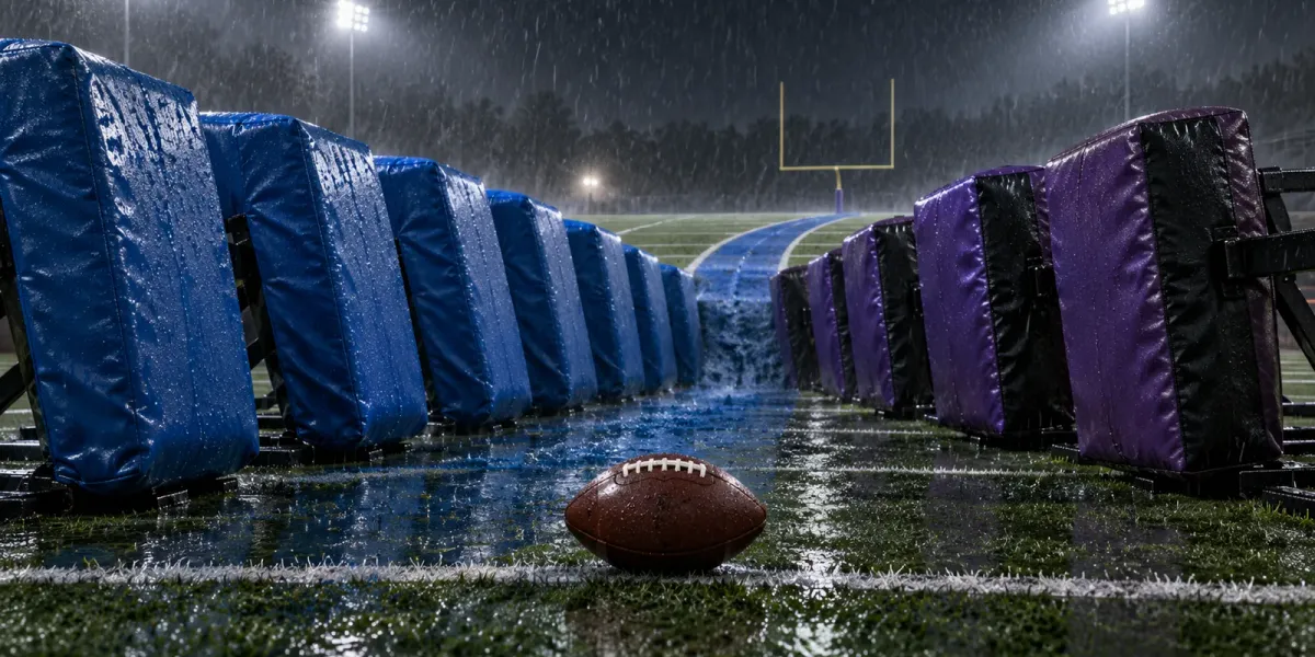 Original editorial illustration of a football on a rain-soaked field between BYU-blue and TCU-purple blocking pads.