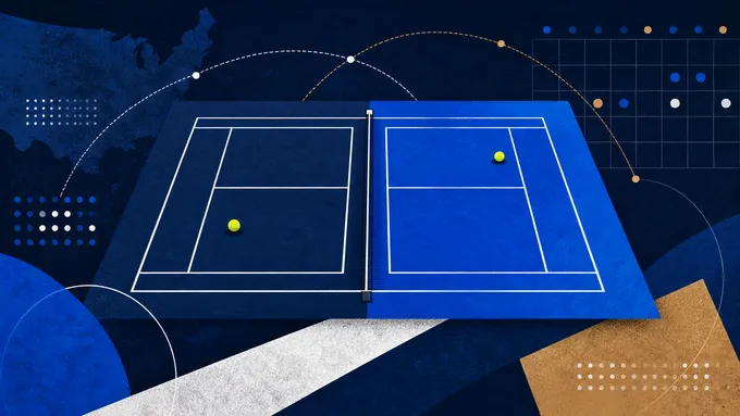 Abstract navy and royal blue tennis court with roster dots, calendar grid and travel arcs, created for BYU Sport Nuts.