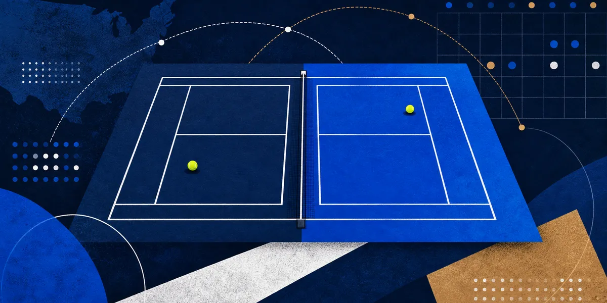 Abstract navy and royal blue tennis court with roster dots, calendar grid and travel arcs, created for BYU Sport Nuts.