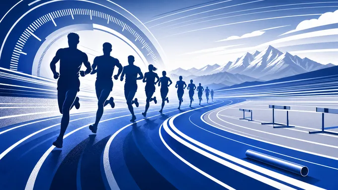 Abstract navy and royal track lanes, stopwatch arcs and distance runner silhouettes, created for BYU Sport Nuts.