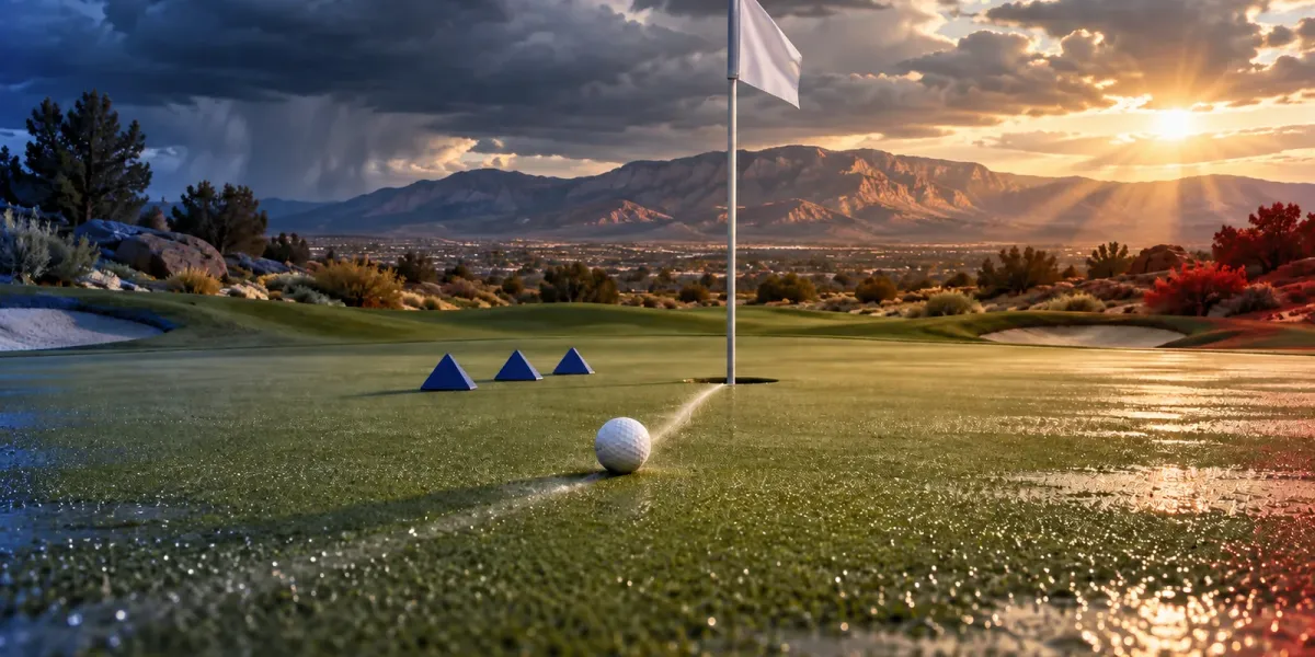 Original editorial image of a rain-cleared Albuquerque golf green split between BYU blue and New Mexico cherry and silver, with one ball, one cup and three blue markers.