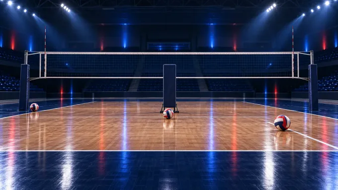 Original editorial illustration of three volleyballs on an empty red, royal blue and navy indoor court.